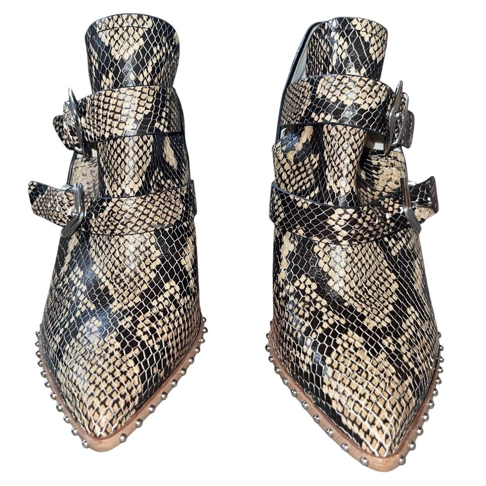 Snakeskin Boots Block Heel Buckle Studs Point Toe - Picture 5 of 9